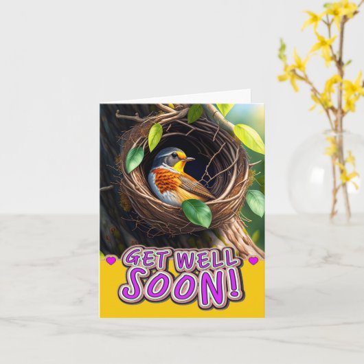 巣の中の可愛い鳥 カード (黄色い花)