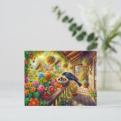 巣の中食べ物を与えのブラックバードの雛 ポストカード (スタンド正面)