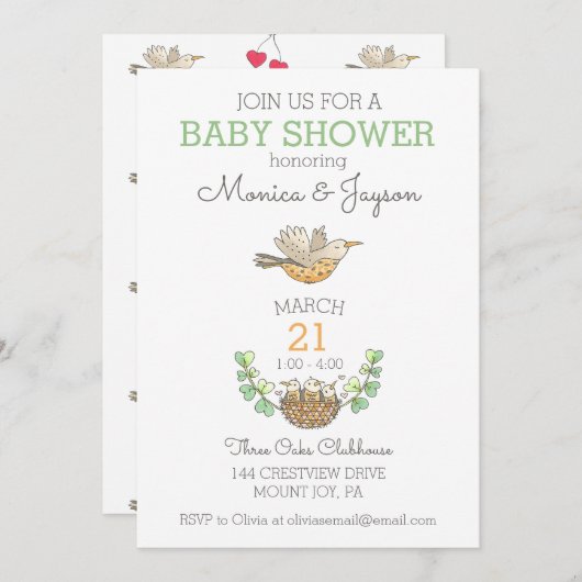 巣の赤ちゃん飛んでいるのシャワーの上で甘いママの鳥 招待状 (正面/裏面)