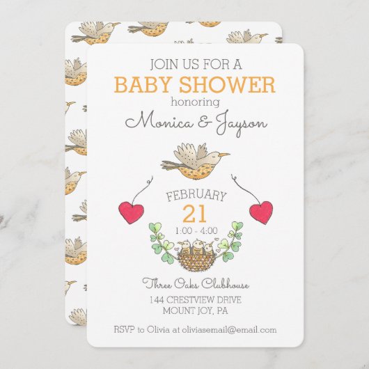 巣の赤ちゃん飛んでいるのシャワーの上で甘いママの鳥 招待状 (正面/裏面)