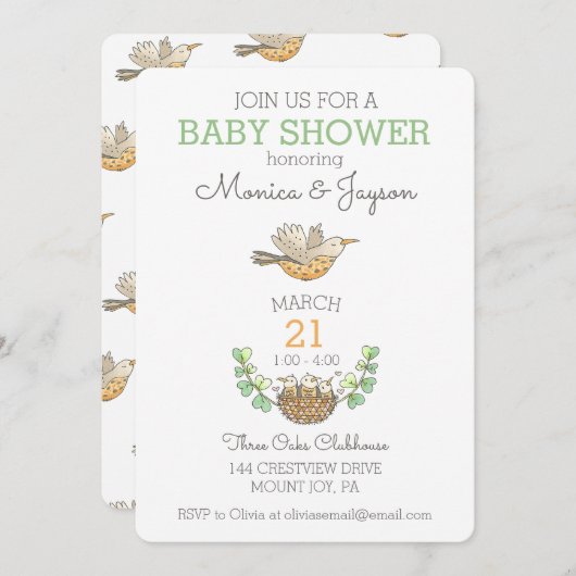 巣の赤ちゃん飛んでいるのシャワー上の甘いママの鳥 招待状 (正面/裏面)