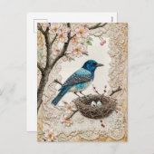 巣を持つ花のブルーバード シーズンポストカード (正面/裏面)
