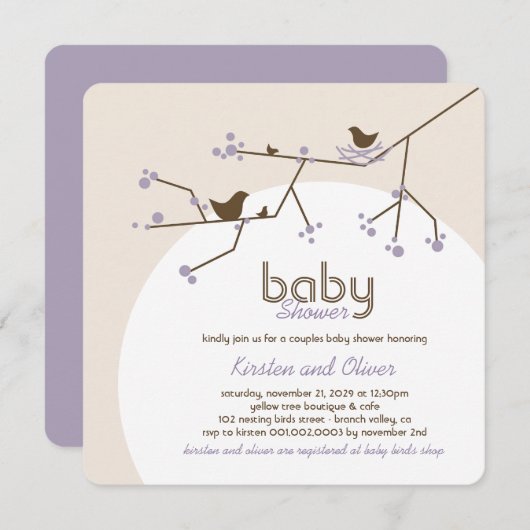 巣作りの鳥の家族の木にカップルのベビーシャワー 招待状 (正面/裏面)