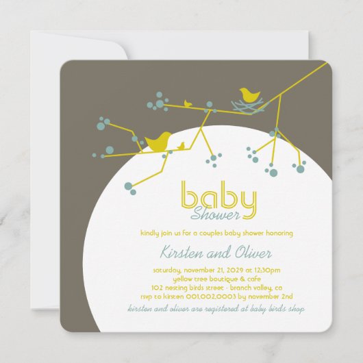 巣作りの鳥の家族の木にカップルのベビーシャワー 招待状 (正面)
