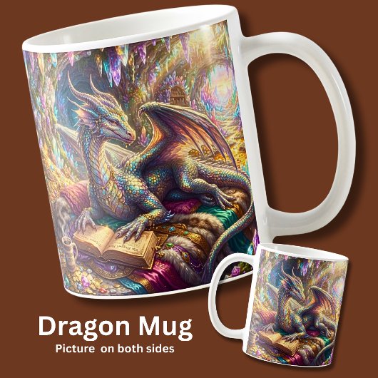 巣穴で本とコーヒーを持つファンタジードラゴン コーヒーマグカップ