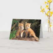 巣穴の前の2匹の赤い子ギツネ カード (黄色い花)
