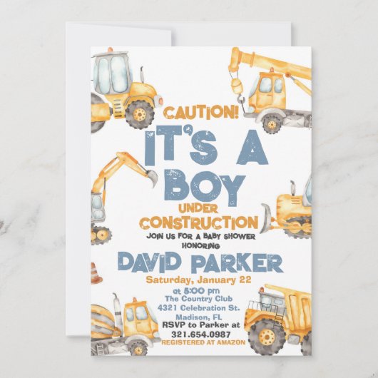 工事だ！男の子が生まれるよ！ダンプトラックパーティー 招待状 (正面)