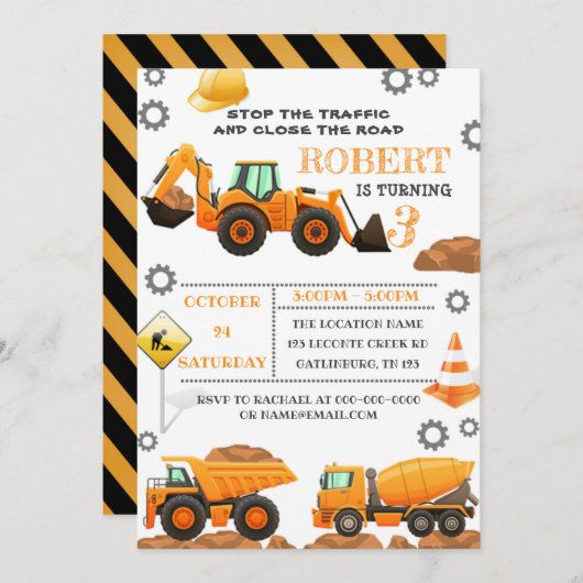 工事の誕生日パーティー招待状テンプレート 招待状 (正面/裏面)