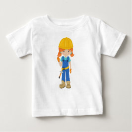 工事ガール オレンジの髪 かわいい女の子 ハンマー ベビーTシャツ