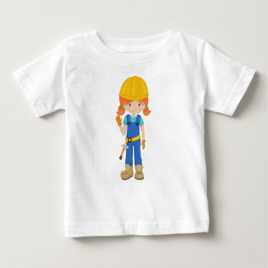 工事ガール オレンジ色の髪 かわいい女の子 ハンマー ベビーTシャツ (正面)