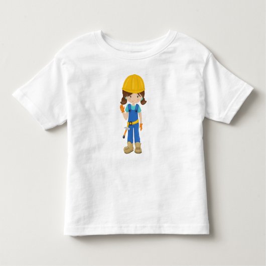 工事ガール、茶髪、かわいい女の子、ハンマー トドラーTシャツ (正面)