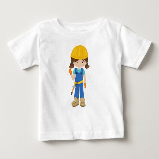 工事ガール、茶髪、かわいい女の子、金づち ベビーTシャツ (正面)