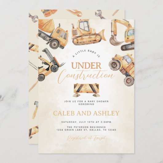 工事中ベイビーシャワー 招待状 (正面/裏面)