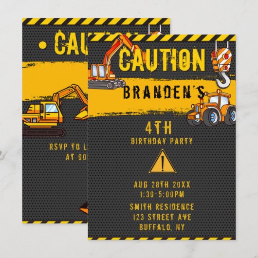 工事中 建設トラック 誕生日パーティー3 招待状 (正面/裏面)