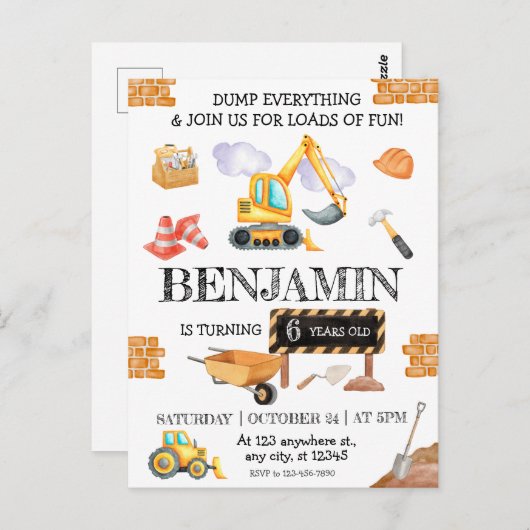 工事現場のダンプトラックとショベルカーの誕生日パーティー ポストカード (正面/裏面)