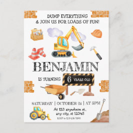 工事現場のダンプトラックとショベルカーの誕生日パーティー ポストカード