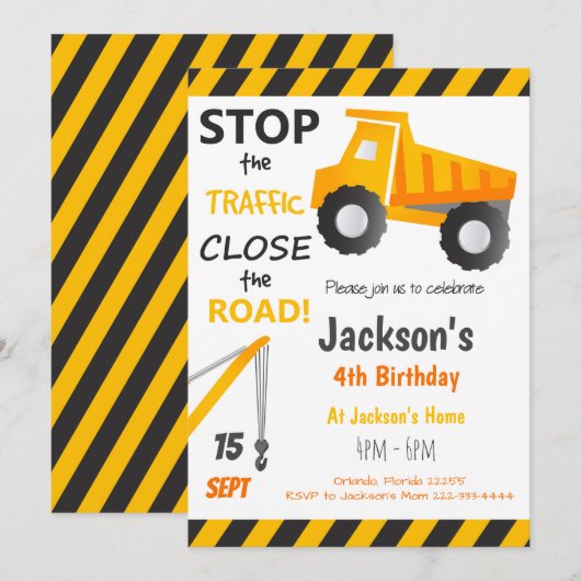 工事現場のダンプトラックの誕生日パーティーへようこそ 招待状 (正面/裏面)