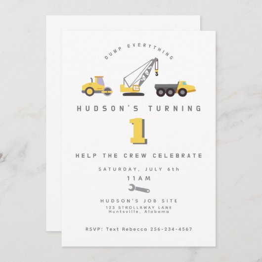 工事現場のダンプトラックの誕生日招待状 招待状 (正面/裏面)