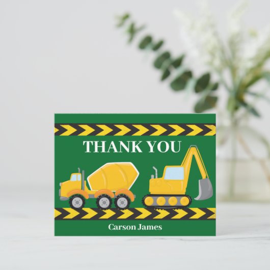 工事現場のトラック男子の誕生日パーティーお礼メッセージ ポストカード (スタンド正面)