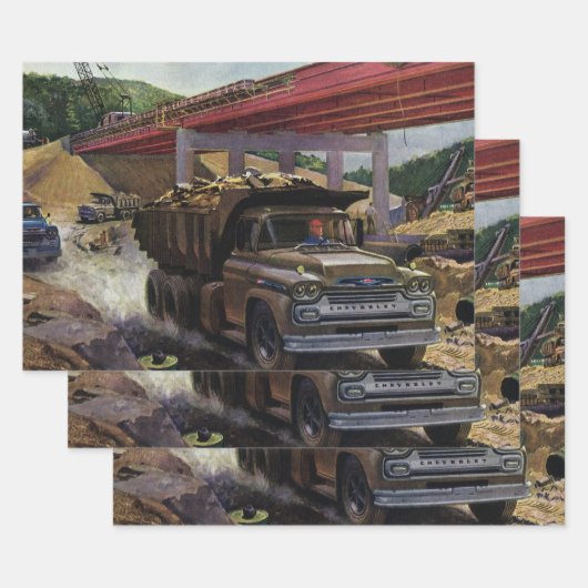 工事現場のビンテージのダンプトラック ラッピングペーパーシート (セット)