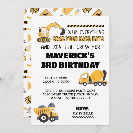 工事現場イエローボーイズダンプトラック誕生日 招待状 (正面/裏面)