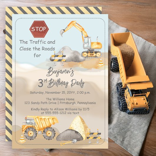 工事用ダンプトラック男子の3歳誕生日パーティー 招待状
