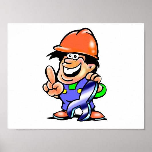 工具を持った漫画の整備士の建設作業員 ポスター (正面)