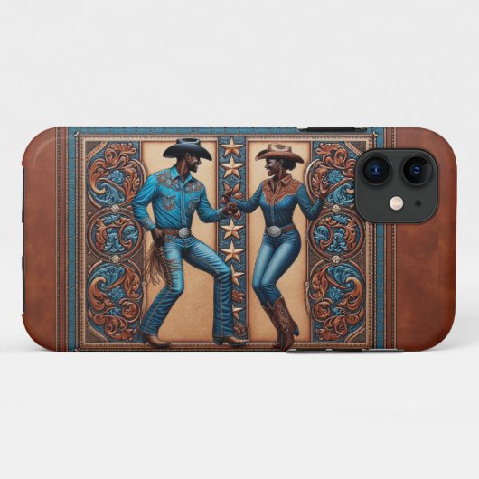 工具付きフェイクレザーブラウンとターコイズダンサー Case-Mate iPhoneケース (裏面(横))