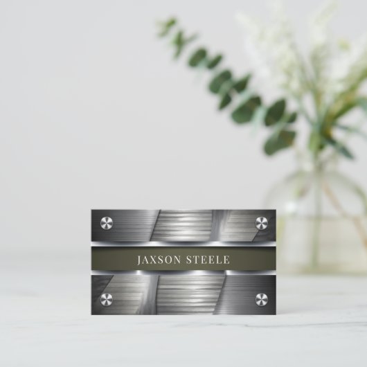 工業用ブラシ仕上げメタルとオリーブグリーン 名刺 (スタンド正面)