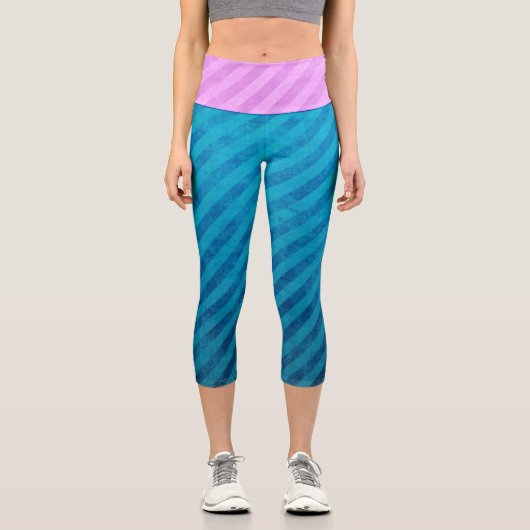 工業用電気ピンクとブルーのストライプ カプリレギンス (正面)