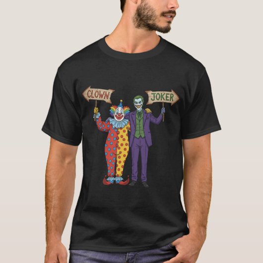 左は道化師、右はジョーカーの矢印の方向がおかしい面白いデザイン Tシャツ (正面)
