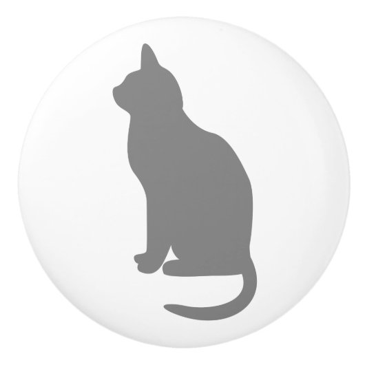 左向きに座る灰色の猫 セラミックノブ (正面)