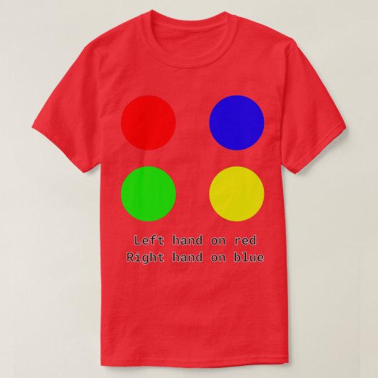 左手を赤に、右手を青に ツイスター デザイン Tシャツ (デザイン正面)