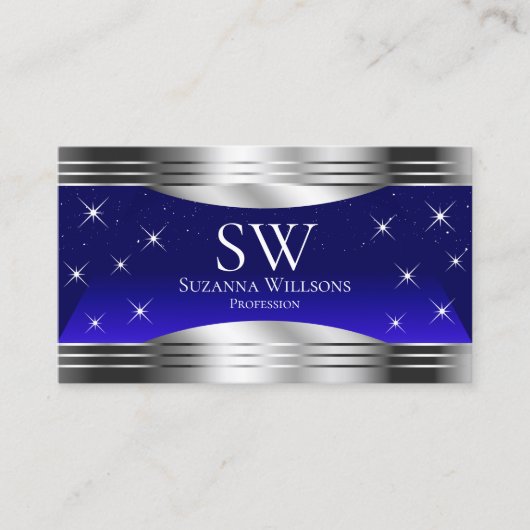 巧みな夜空ブルーシルバーモノグラム縁どの写真。 名刺 (正面)