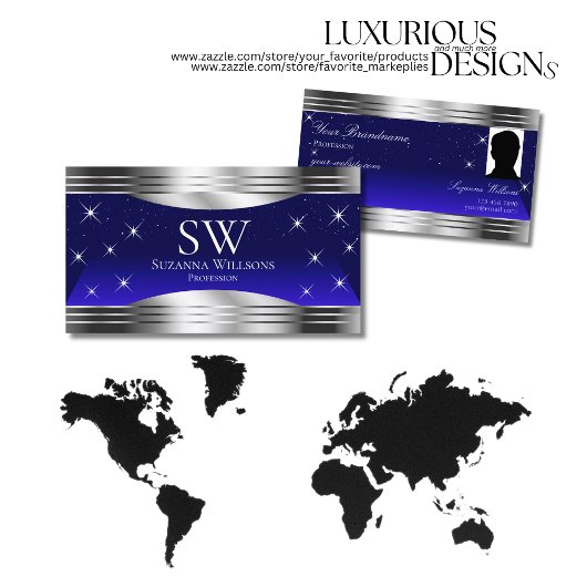 巧みな夜空ブルーシルバーモノグラム縁どの写真。 名刺