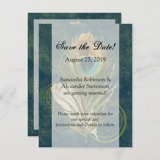 巧みな詳細孔雀フェザー日付を保存 案内ポストカード (正面/裏面)