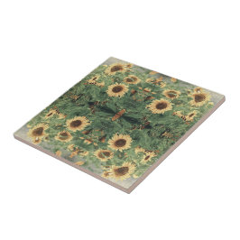 巨大で黄色いヒマワリの抽象的な分野 タイル