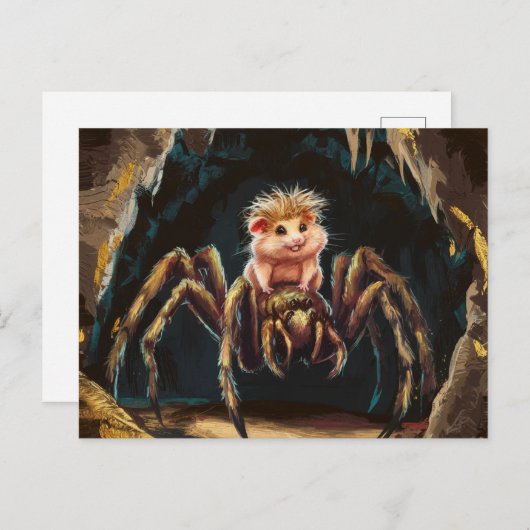 巨大なおもしろいクモに洞窟を通って乗るハムスター ポストカード (正面/裏面)