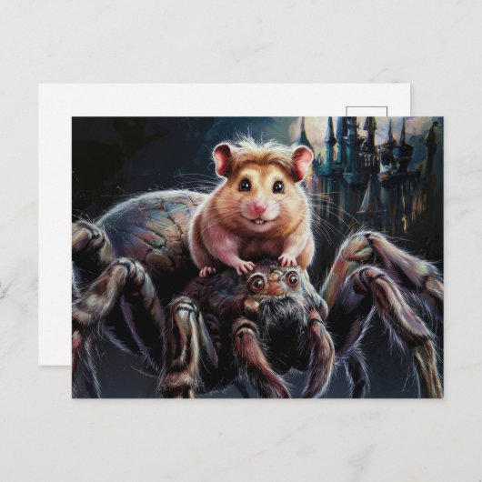 巨大なおもしろいクモのファンタジー城に乗るハムスター ポストカード (正面/裏面)