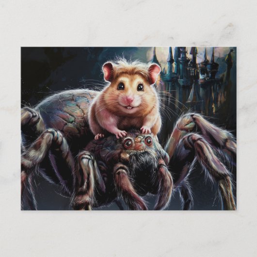 巨大なおもしろいクモのファンタジー城に乗るハムスター ポストカード (正面)