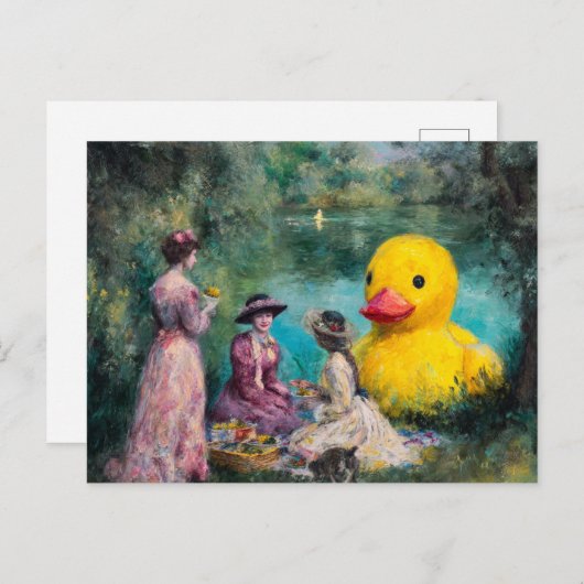 巨大なアヒルが咲く公園での超現実的なピクニック ポストカード (正面/裏面)