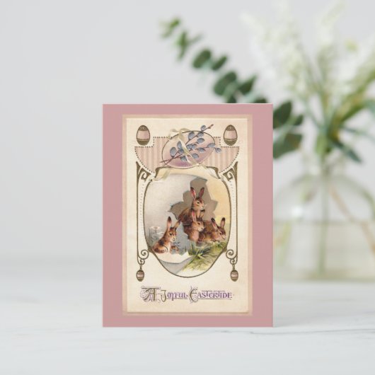 巨大なイースターエッグのアールヌーボーのウサギ シーズンポストカード (スタンド正面)