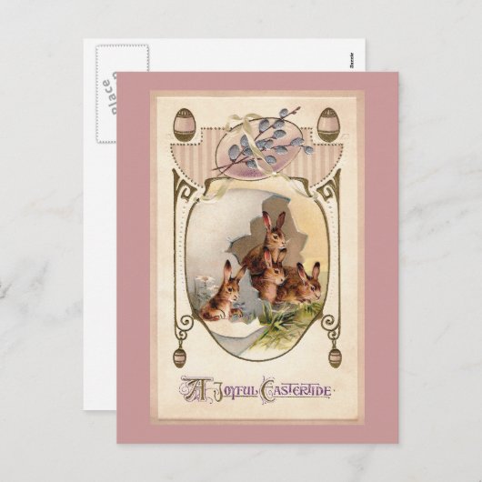 巨大なイースターエッグのアールヌーボーのウサギ シーズンポストカード (正面/裏面)