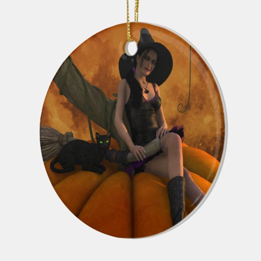 巨大なカボチャの魔女と猫 セラミックオーナメント (左)