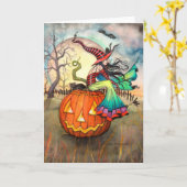 巨大なカボチャ魔法使い猫のハロウィンの1つの芸術 カード (黄色い花)