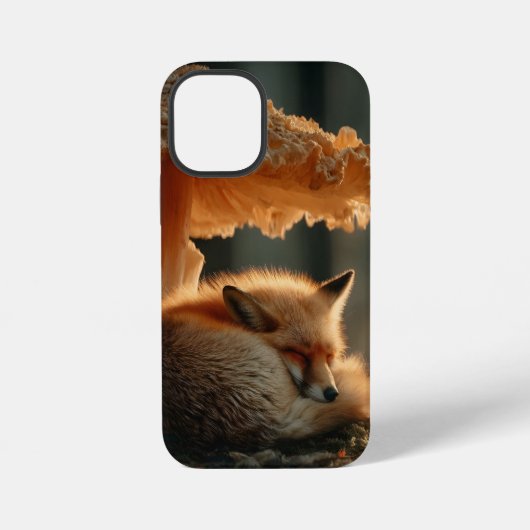 巨大なキノコの下で眠るアカギツネ iPhoneケース (裏面)