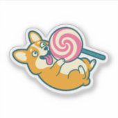 巨大なキャンディポップを持つコーギーの犬 シール (正面)