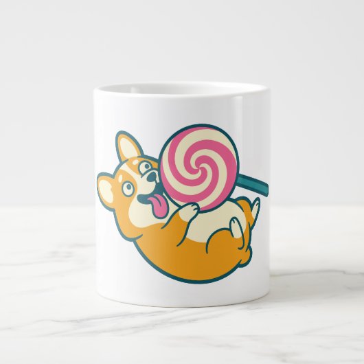 巨大なキャンディポップを持つコーギーの犬 ジャンボコーヒーマグカップ (正面)