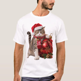 巨大なクリスマスオーナメントを守る猫 Tシャツ