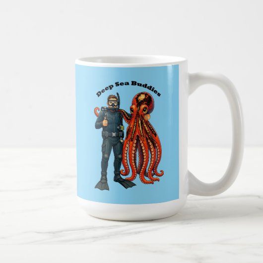 巨大なタコとポーズをとるスクーバダイバー URM コーヒーマグカップ (右)